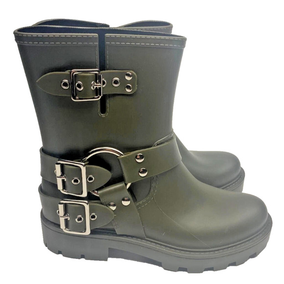 JEFFREY CAMPBELL Controller Army Green 6 Moto Buckles Lugged Sole Rain Booties - Picture 1 of 5